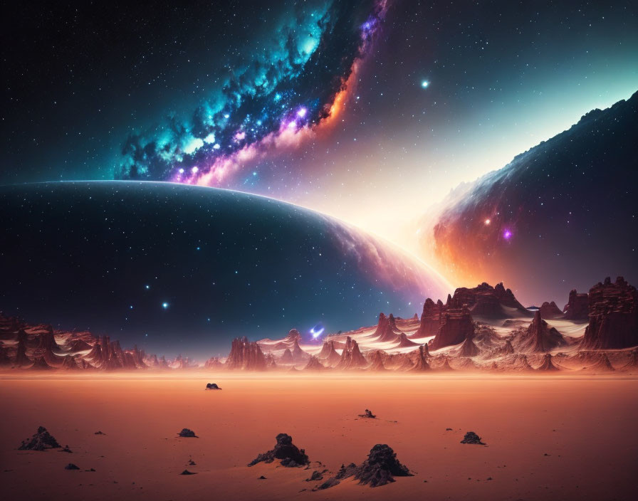 Surreal sci-fi landscape with rocky terrain and celestial views