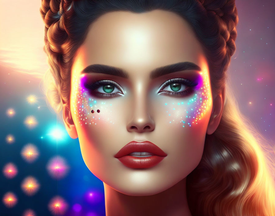 Cosmic-themed digital art of a woman with vibrant makeup on starlit backdrop