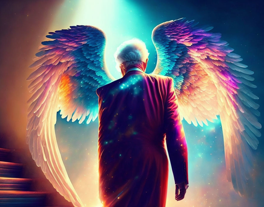 Elderly Man with Majestic Wings Standing on Stairs in Celestial Glow