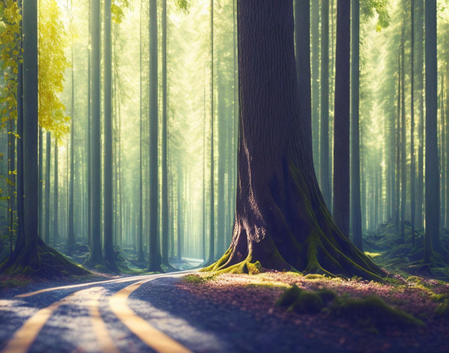 Misty forest scene with sunlight filtering through trees