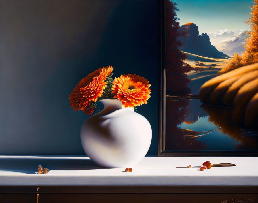 White vase with red-orange flowers, landscape painting, butterfly, and fallen petals in still life art.