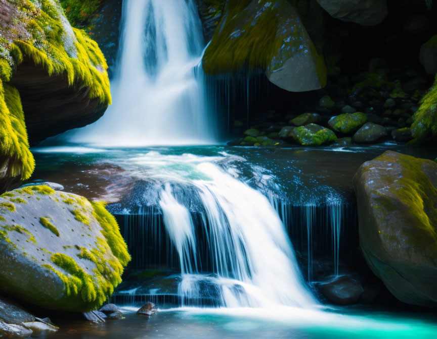 Tranquil forest waterfall with moss-covered rocks