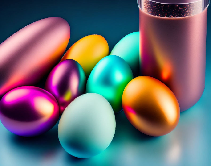 Colorful iridescent capsules with sparkling contents beside a transparent bottle on a soft blue backdrop