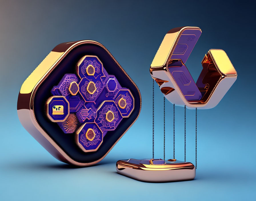 3D-rendered futuristic image of hexagonal object with chains in stylized environment