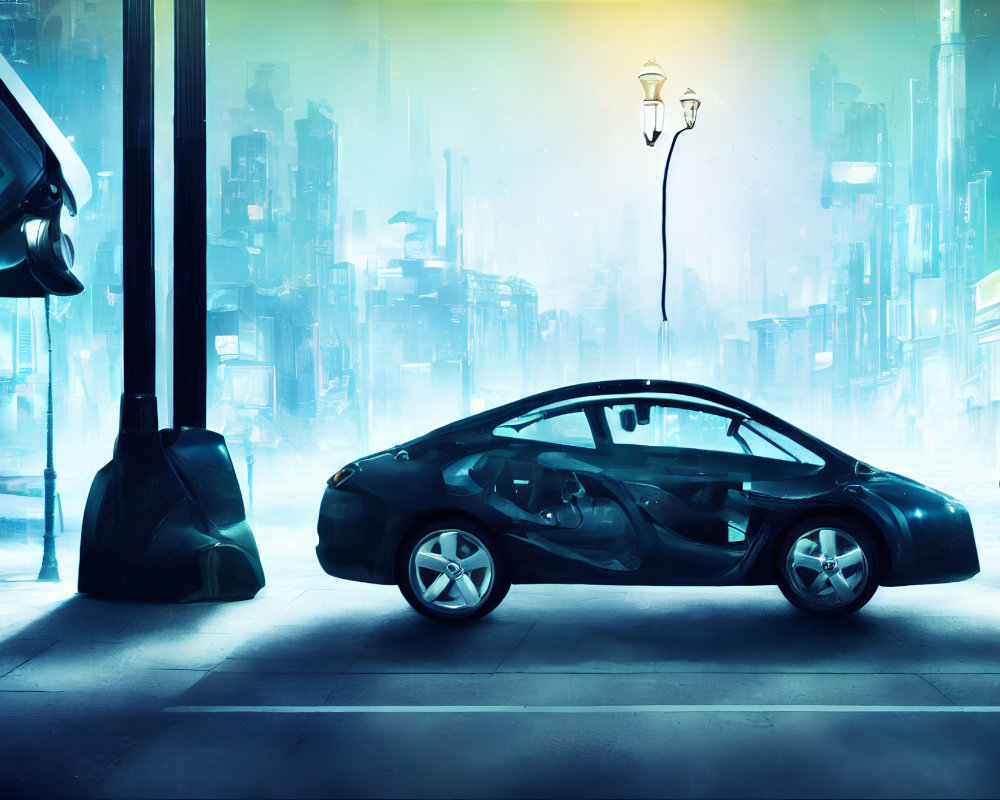 Futuristic cityscape with black car, turquoise glow, towering buildings, and robot