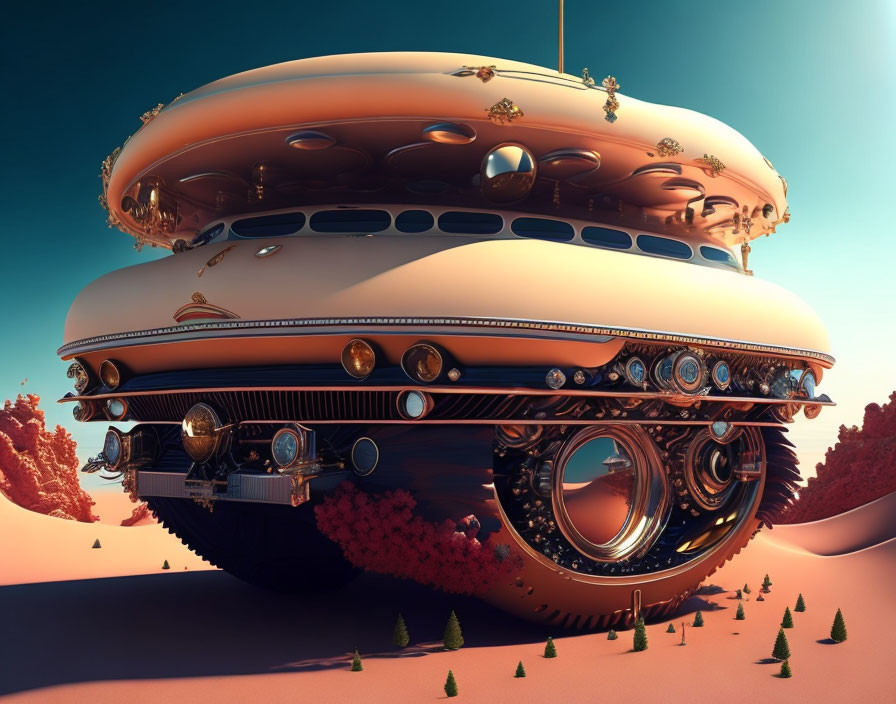 Futuristic multi-tiered airship over stylized landscape