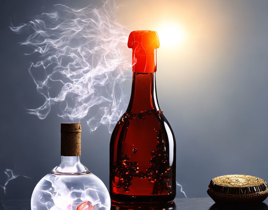 Glass Bottles: Red Liquid and Smoke on Dark Background