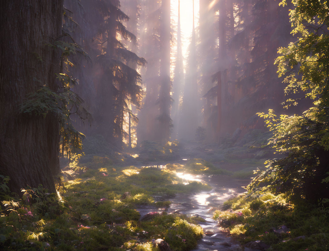 Misty forest with sunlight, stream, and lush undergrowth