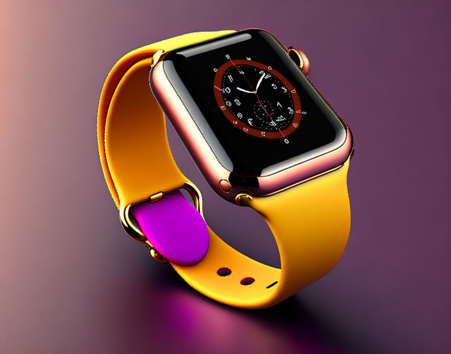 Gold Case Smartwatch with Vibrant Orange Strap on Purple Gradient Background