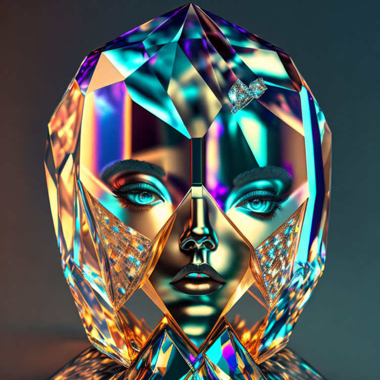 Vibrant turquoise and golden abstract digital face in crystal structure