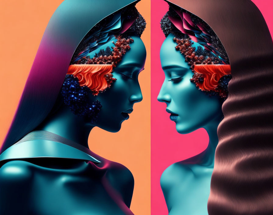 Futuristic female figures with blue skin and coral accessories on pink-orange background