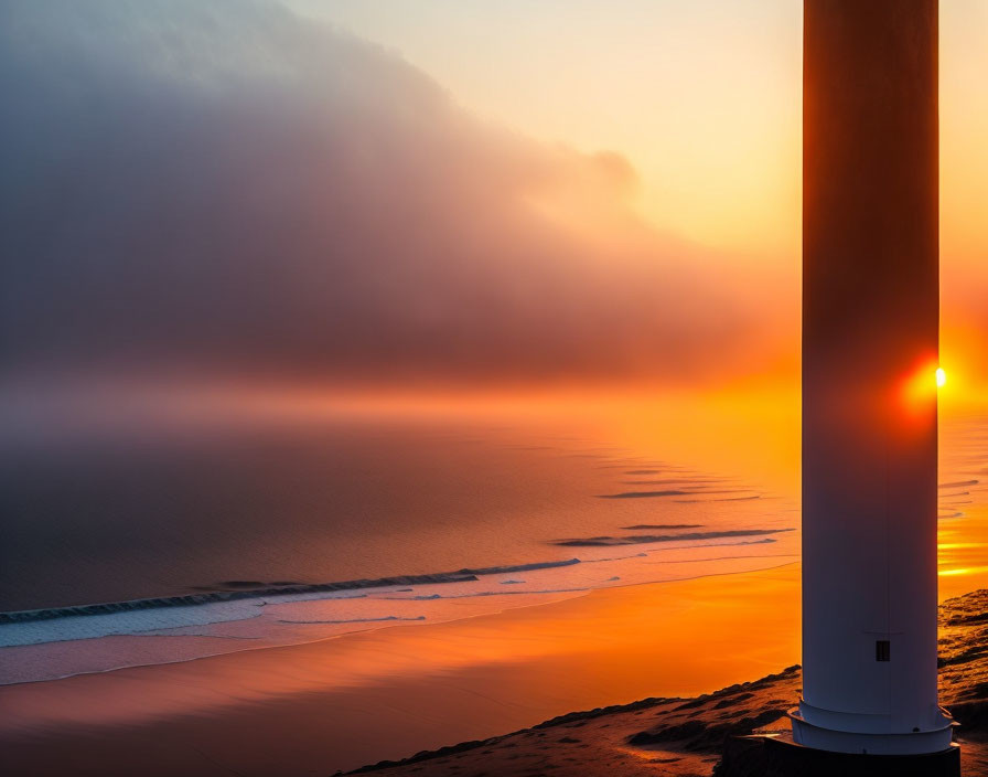 Scenic sunset with wind turbine and coastal landscape