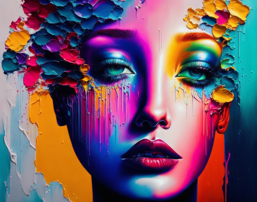 Colorful portrait of a woman with paint dripping and floral crown