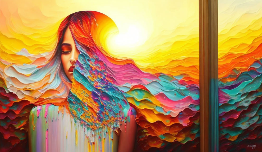 Colorful Portrait of Woman with Flowing Hair in Surreal Sunset Background