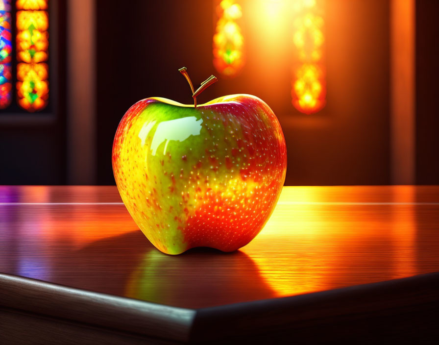 Colorful stained glass light on red and green apple on wooden surface