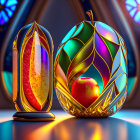 Ornate glass vases with apple motifs and colorful reflections against stained glass windows