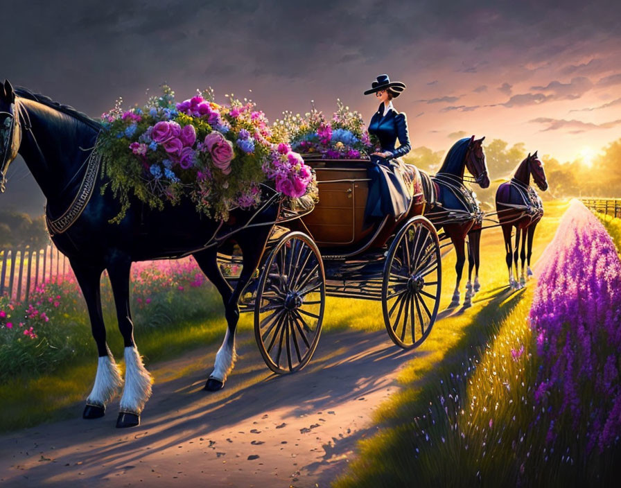 Person in hat drives horse-drawn carriage with flowers on scenic path at sunset