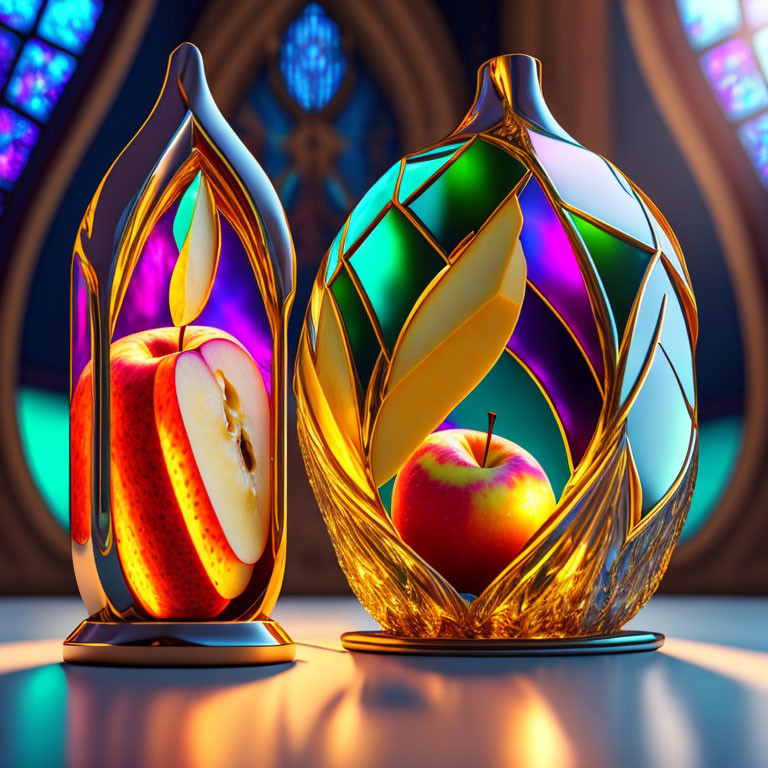 Ornate glass vases with apple motifs and colorful reflections against stained glass windows