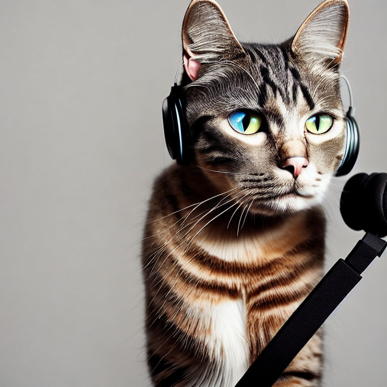 Tabby Cat with Green Eyes Wearing Headphones by Microphone