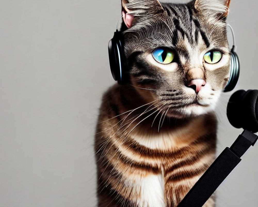 Tabby Cat with Green Eyes Wearing Headphones by Microphone