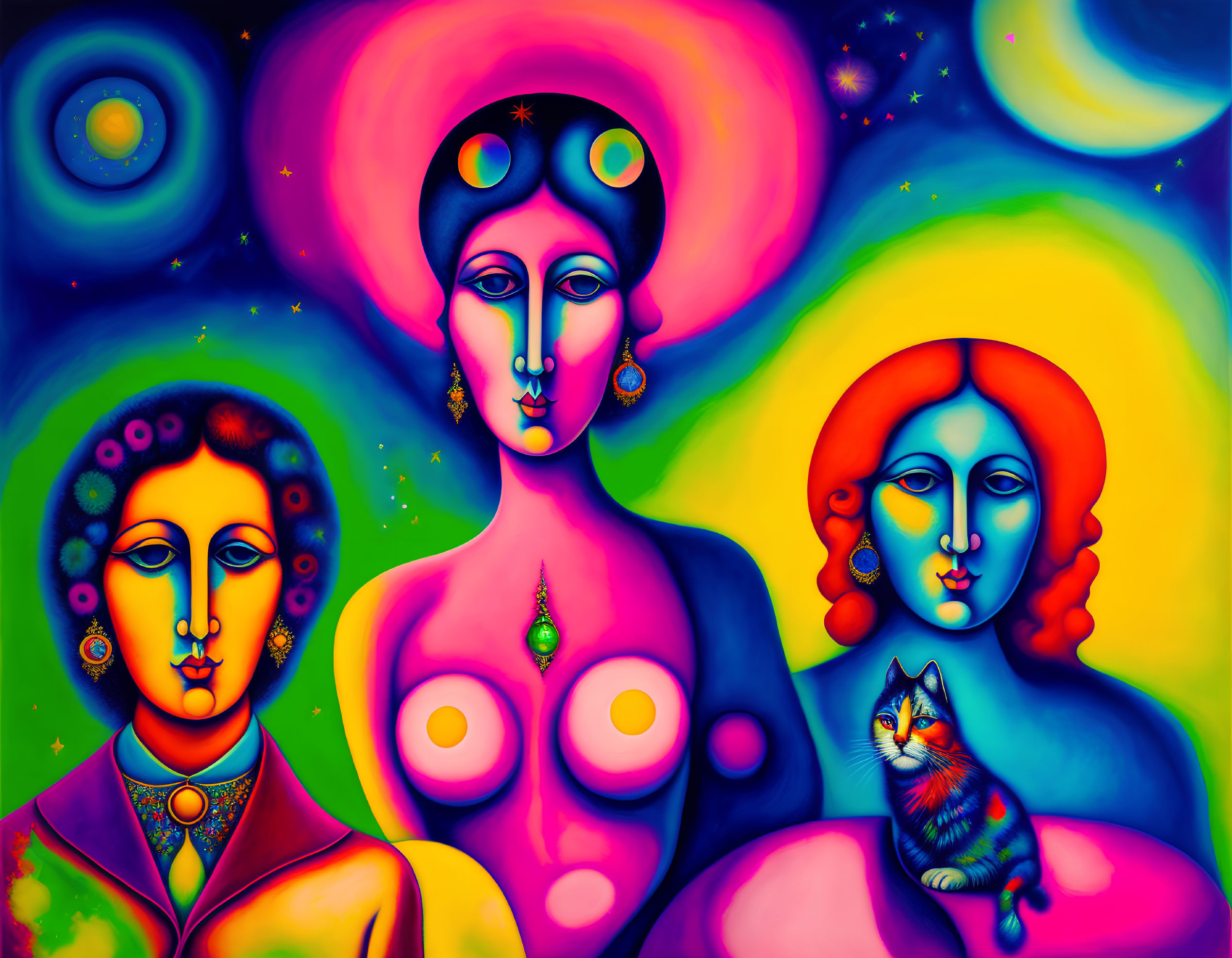 Colorful Psychedelic Painting of Three Female Figures with Cat