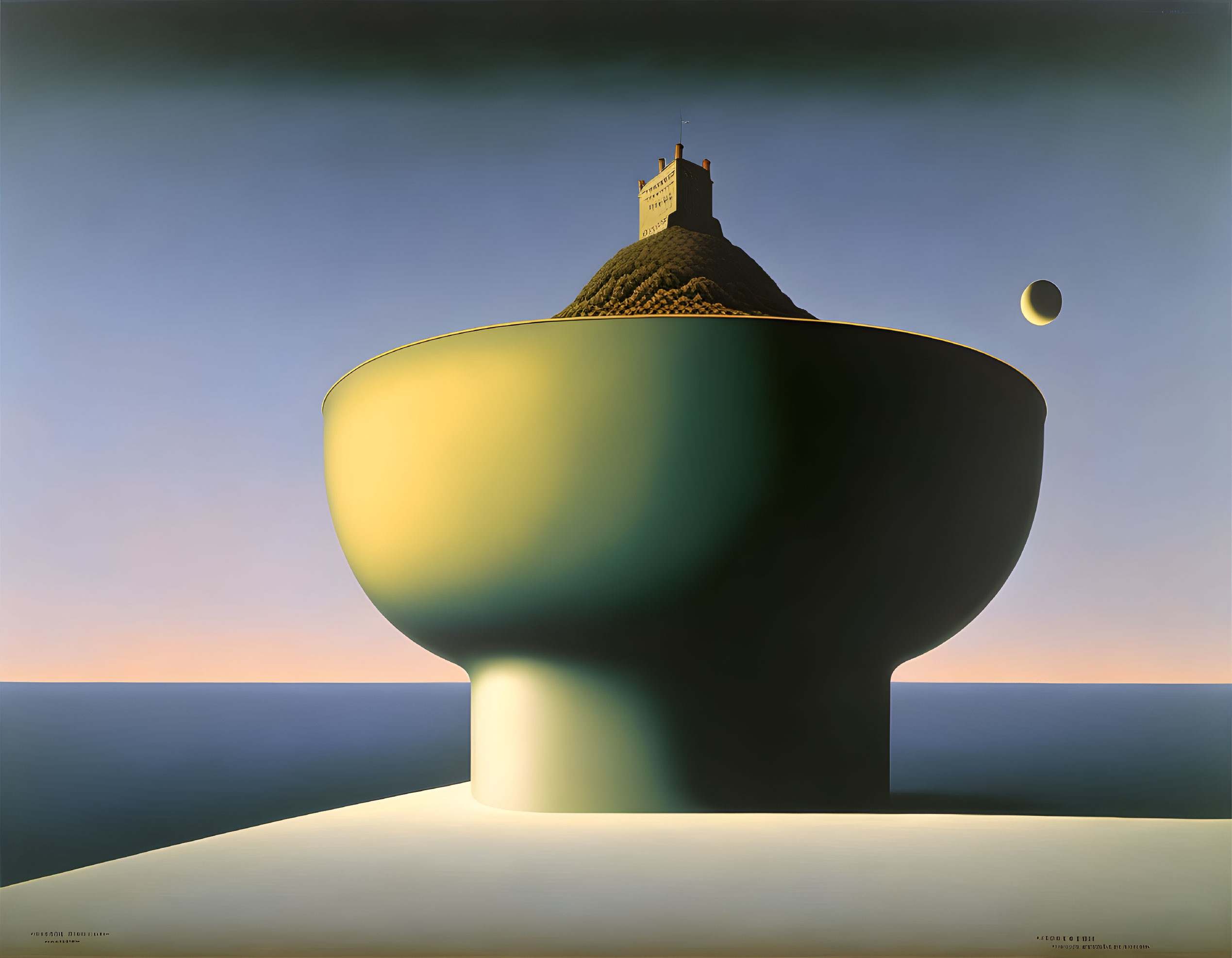 Surreal landscape featuring bowl-like structure, lone building, and moonlit sea.