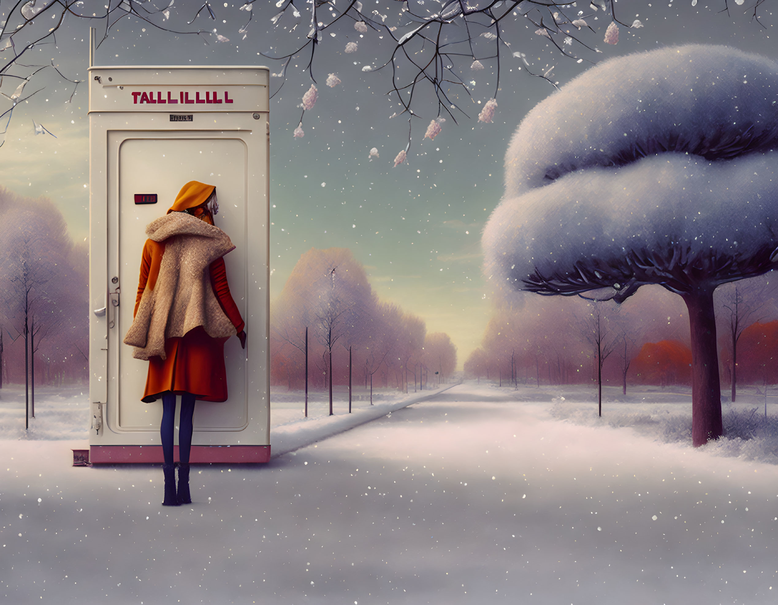 Person in Winter Coat Standing at Open Door in Snowy Landscape