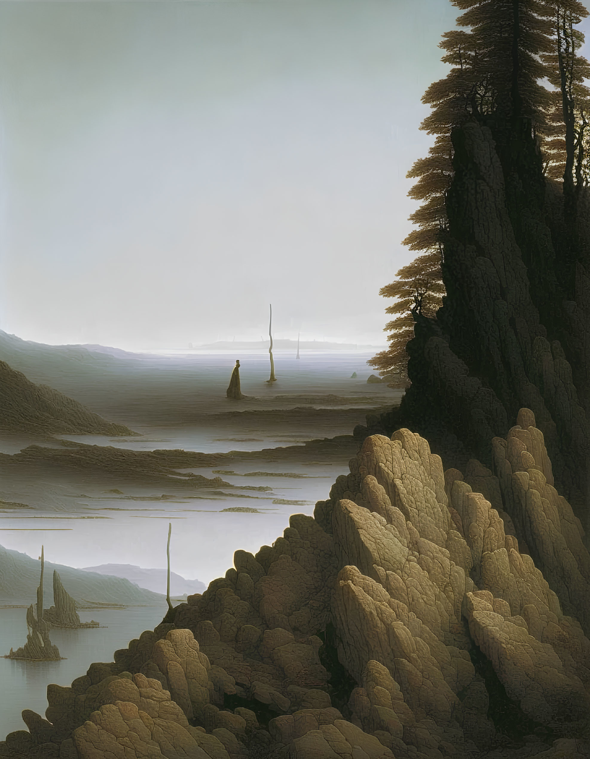 Tranquil seascape with cliffs, tall trees, and sailboats in misty distance