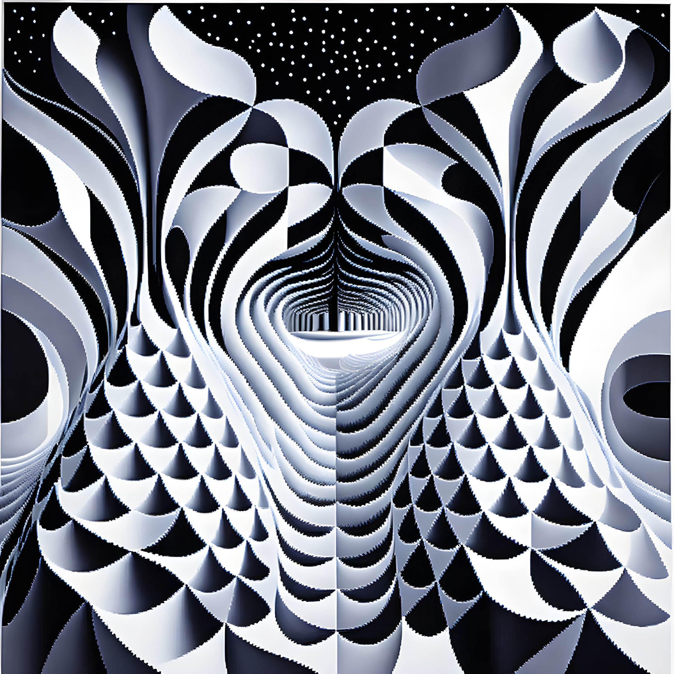 Abstract black and white optical illusion with curving lines and spherical shapes creating a tunnel effect.