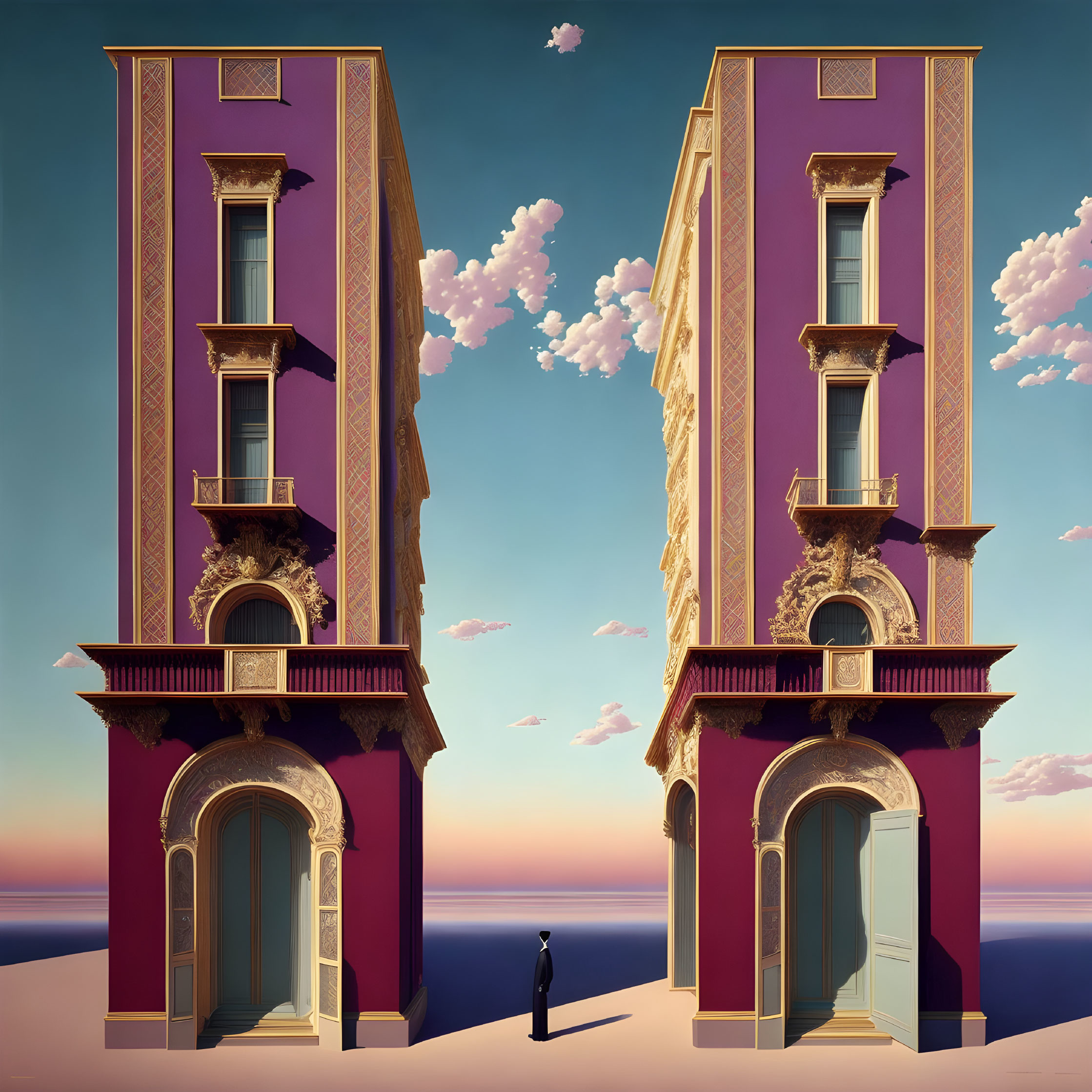 Symmetrical purple baroque buildings under pink sky with lone figure in surreal desert landscape