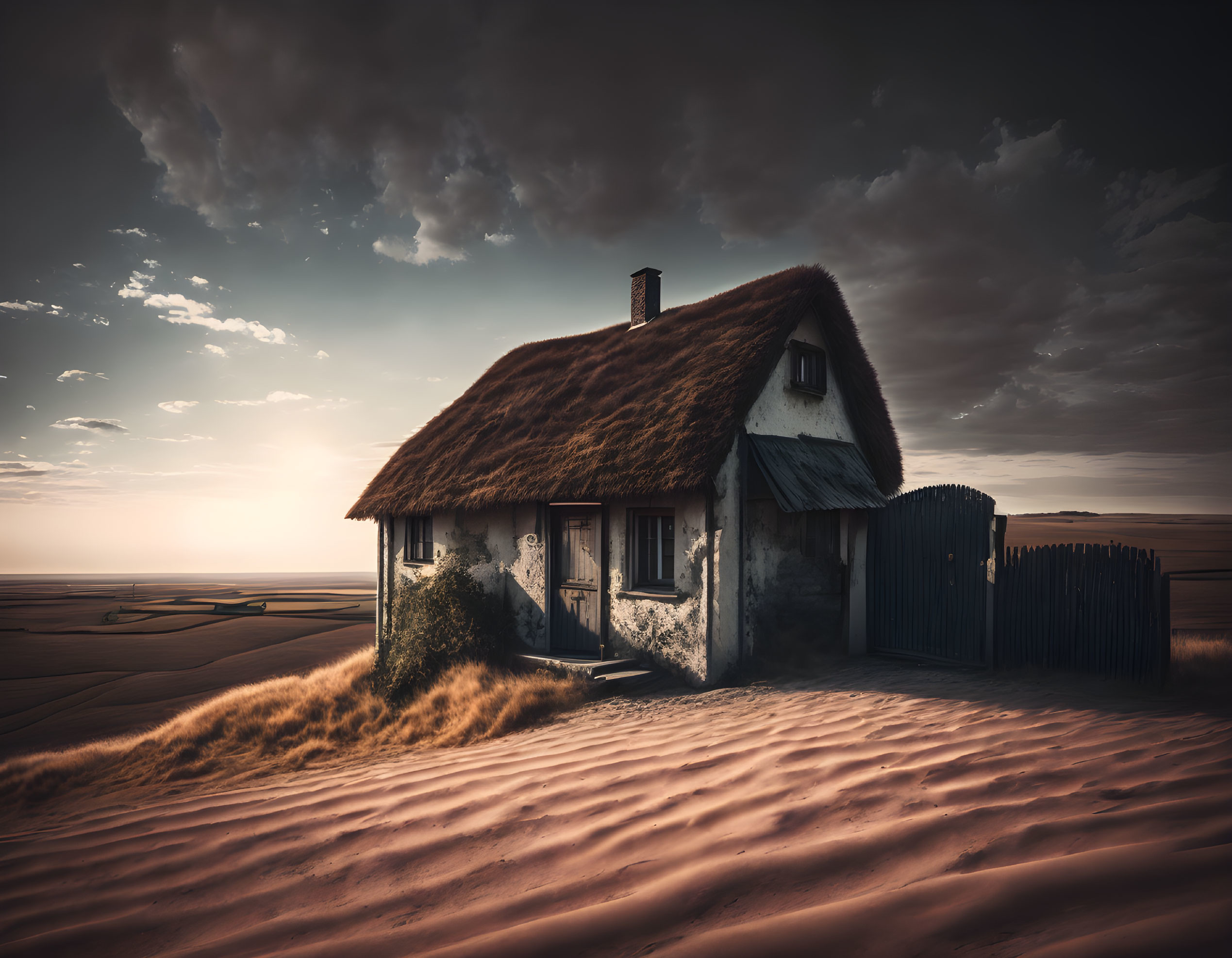 Thatched-Roof Cottage with Wooden Fence in Sandy Landscape