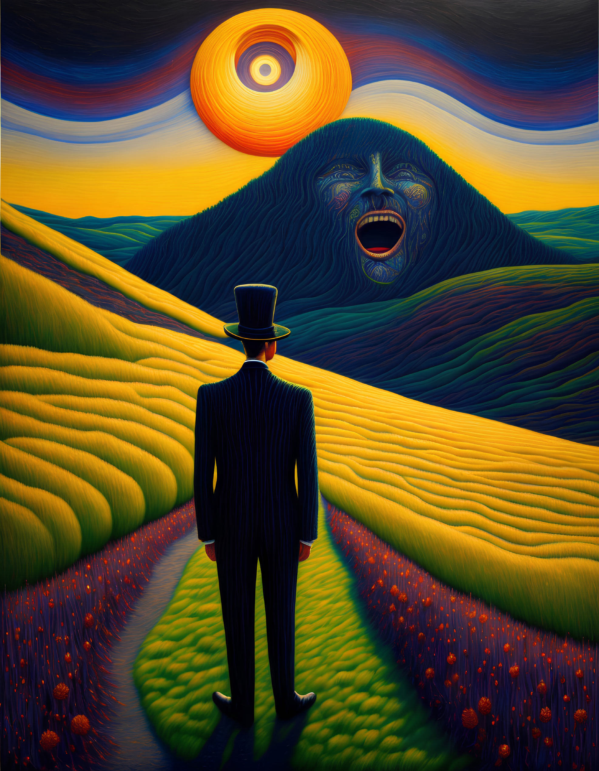 Surreal illustration of man in suit with screaming mountain face