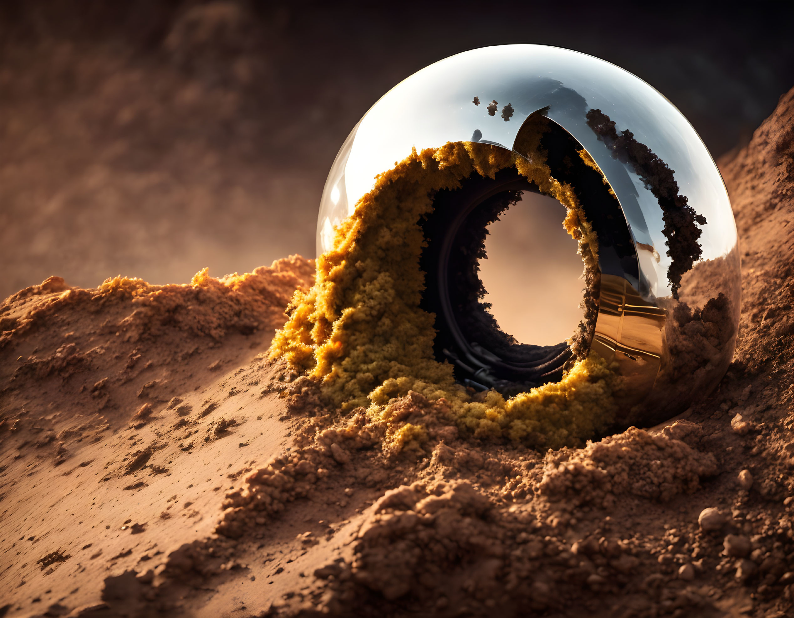 Reflective sphere on sandy surface with distorted reflections in desert setting