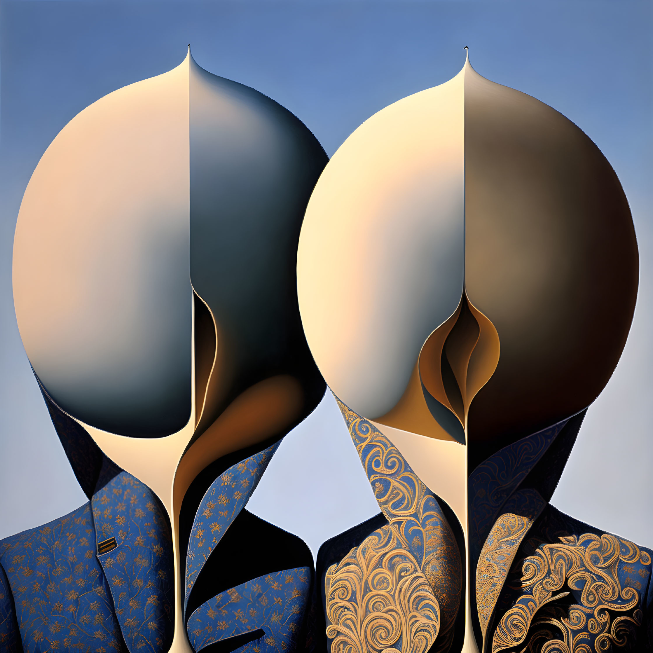 Stylized faceless figures in suits merge into abstract shape on blue backdrop