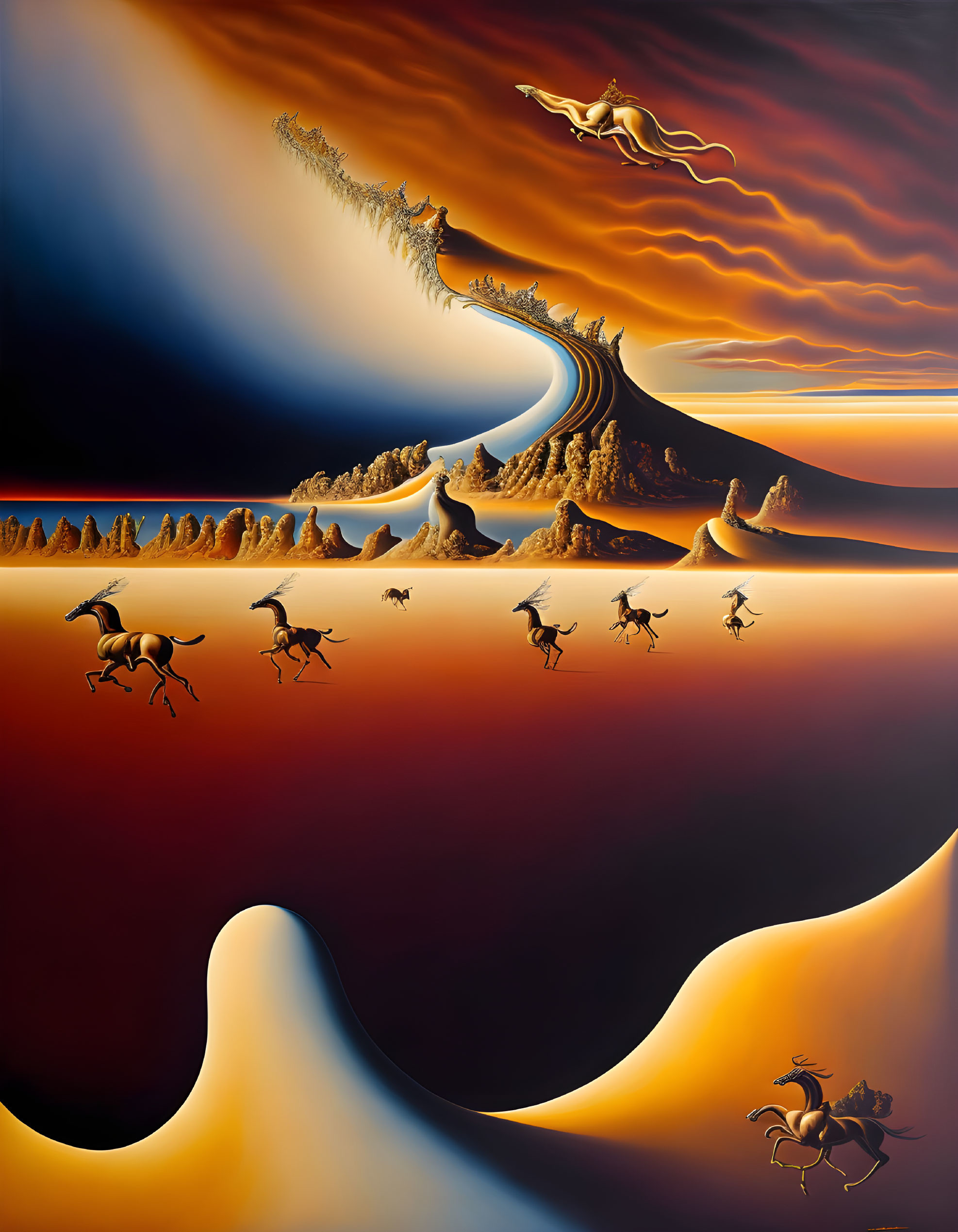 Surreal landscape with transitioning horses under vibrant orange sky