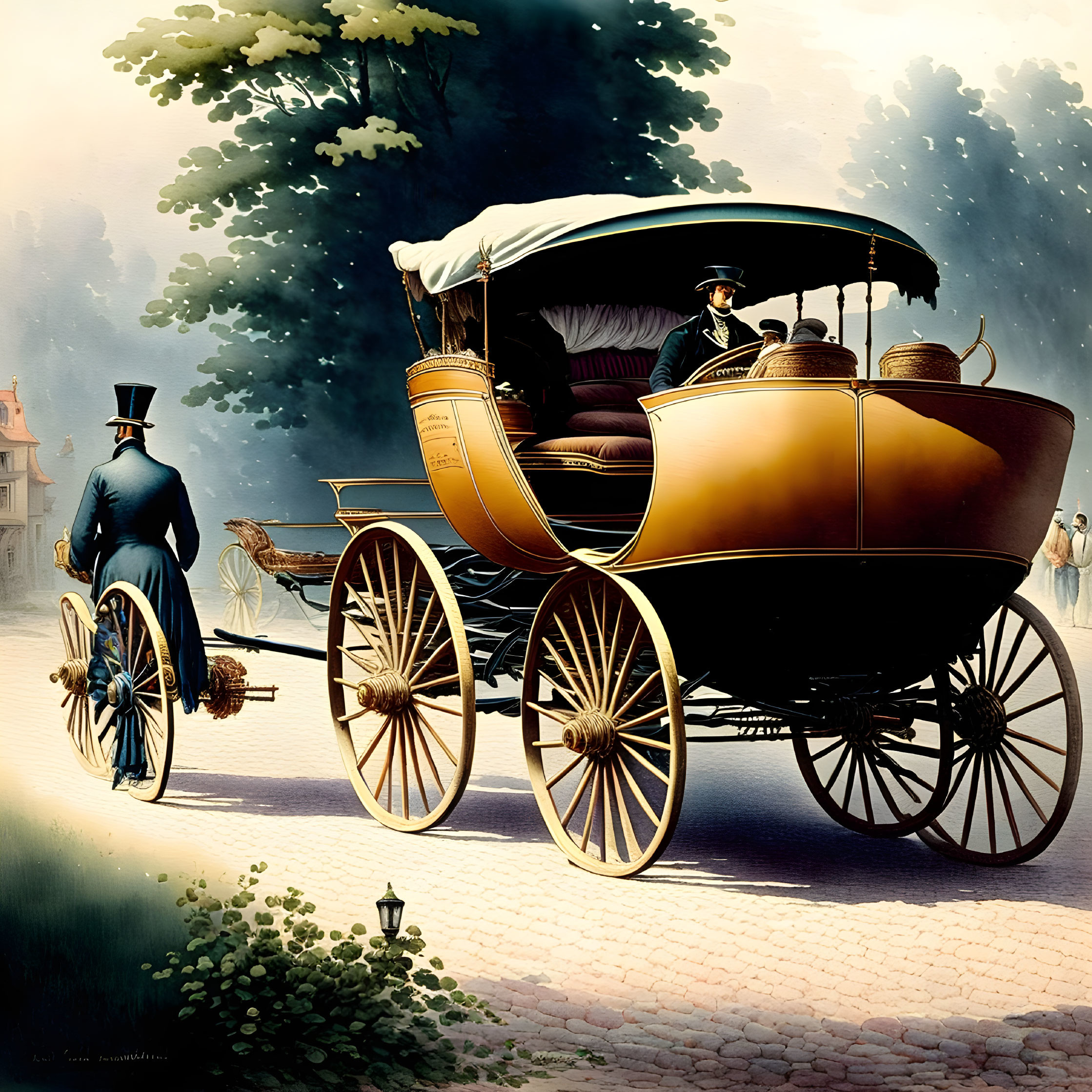 Vintage Illustration of Horse-Drawn Carriage on Tree-Lined Path