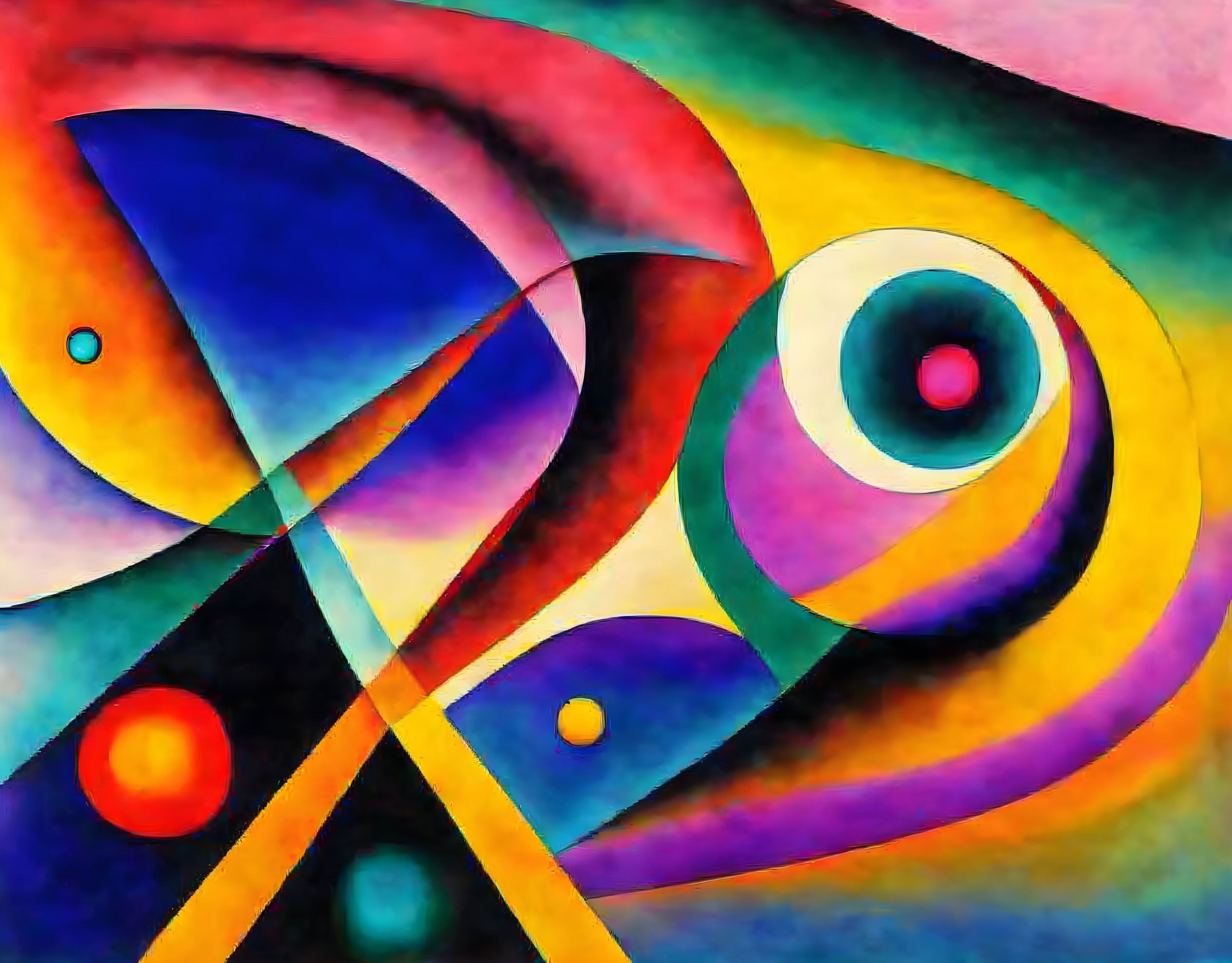 Colorful Abstract Painting with Swirling Geometric Shapes and Circular Accents