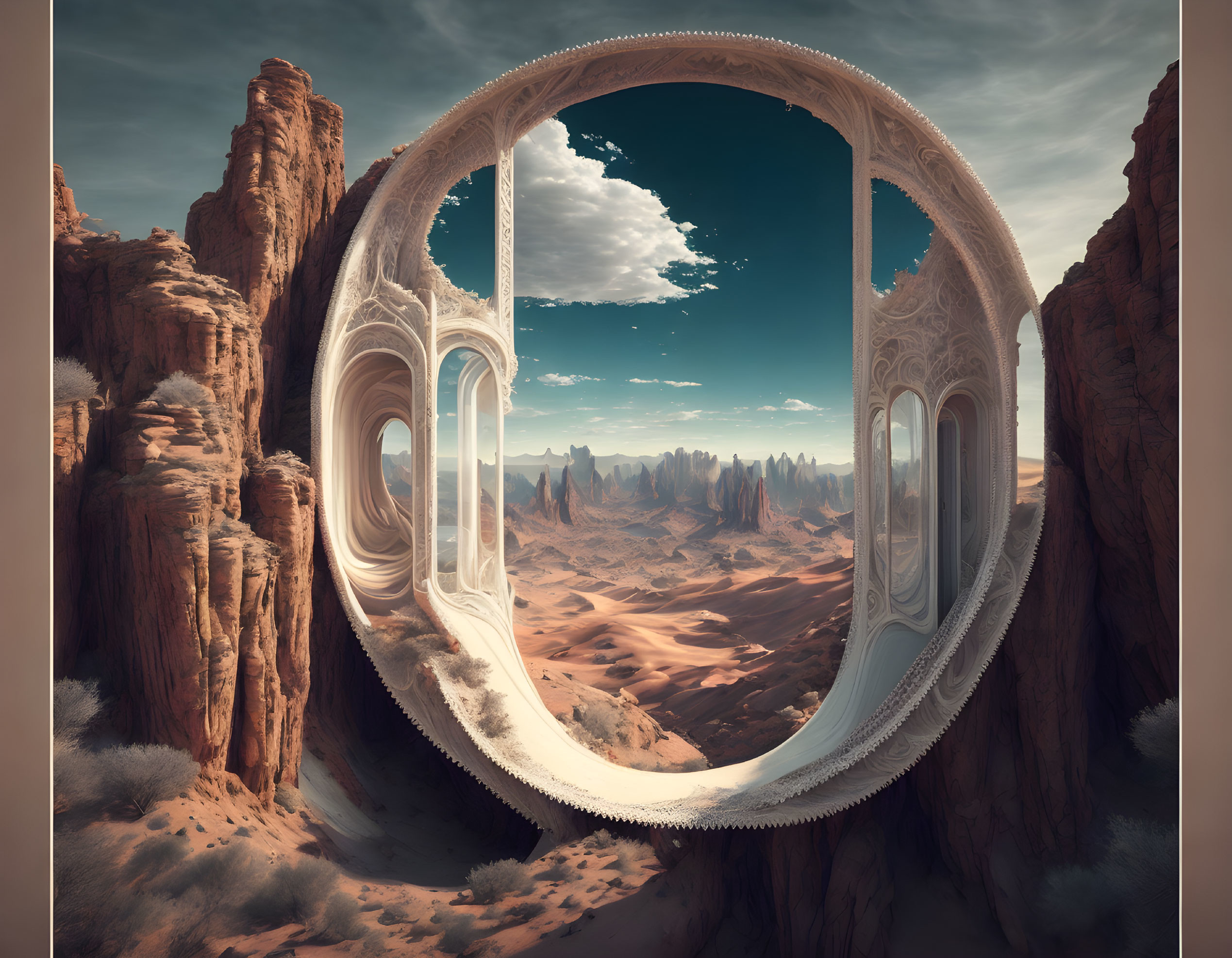 Surreal landscape featuring giant circular frame and desert scenery