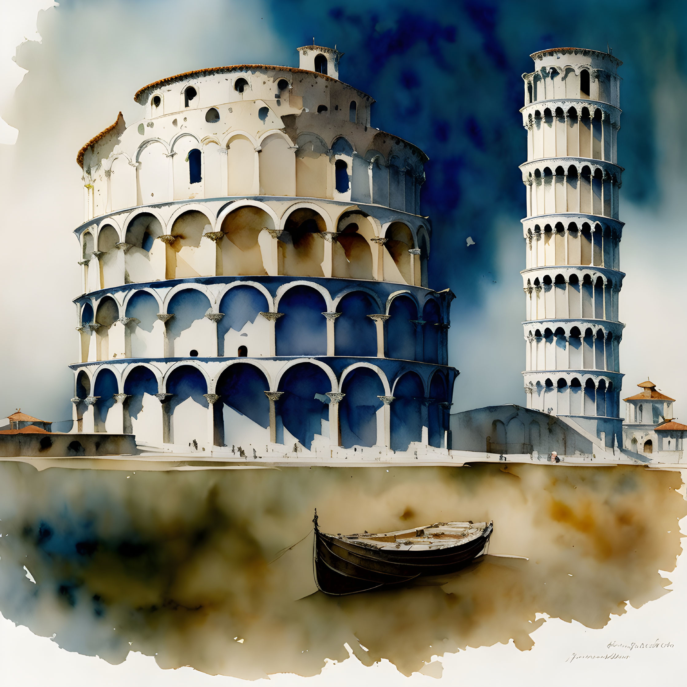 Leaning Tower of Pisa Artwork with Boat on Watercolor Background