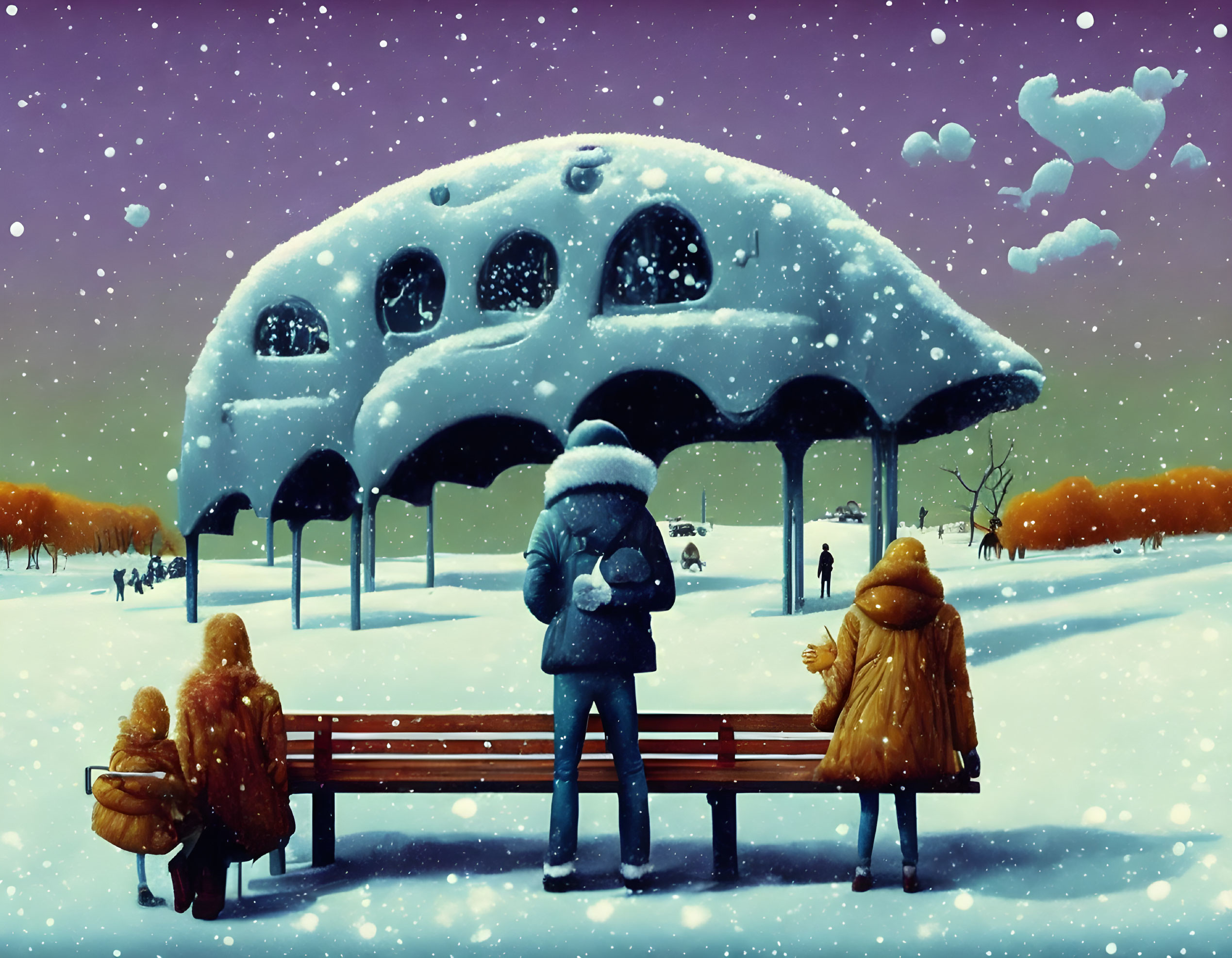 Three individuals near futuristic snow-covered spaceship structure in snowy landscape