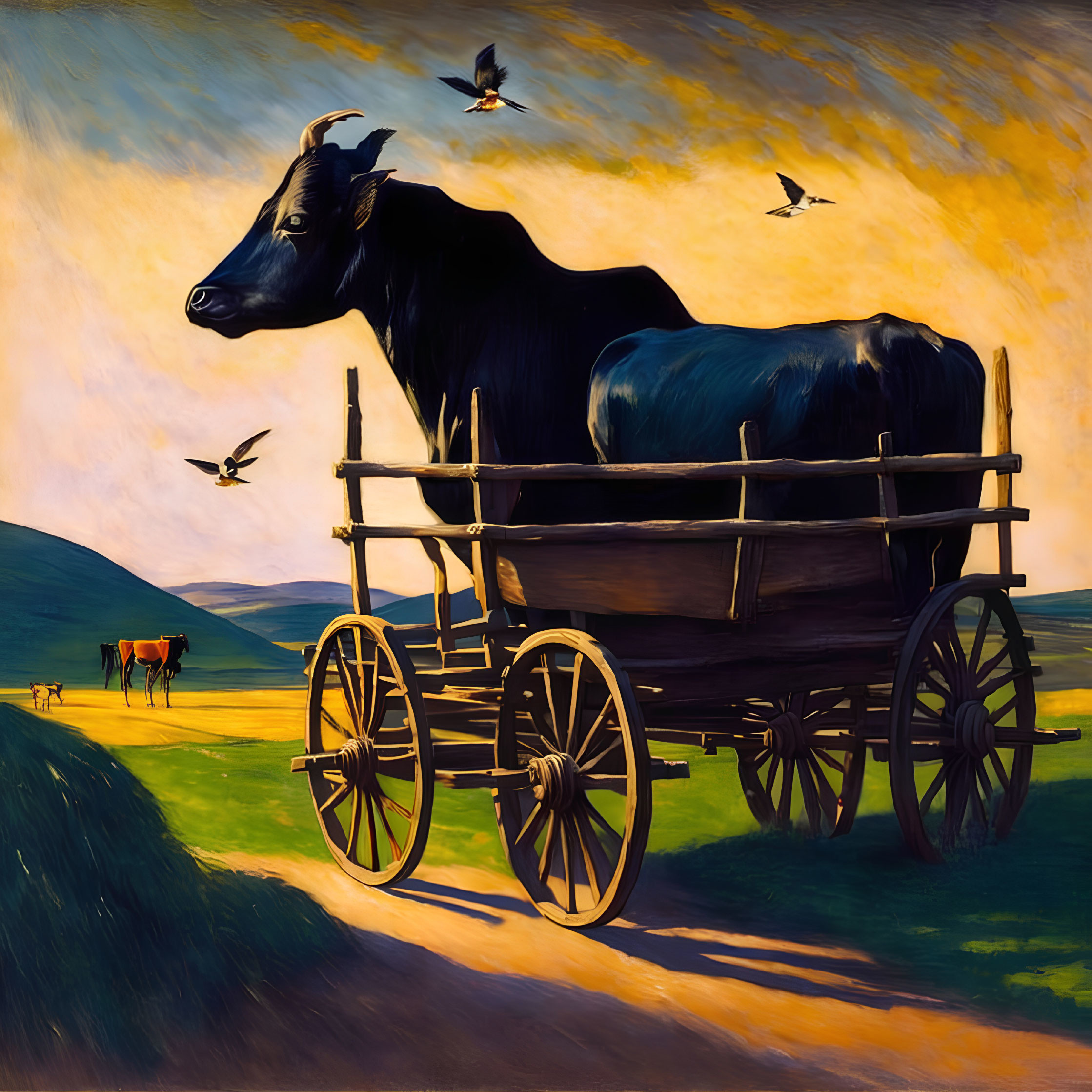 Large bull on cart in grassy field under yellow sky with birds and cows.