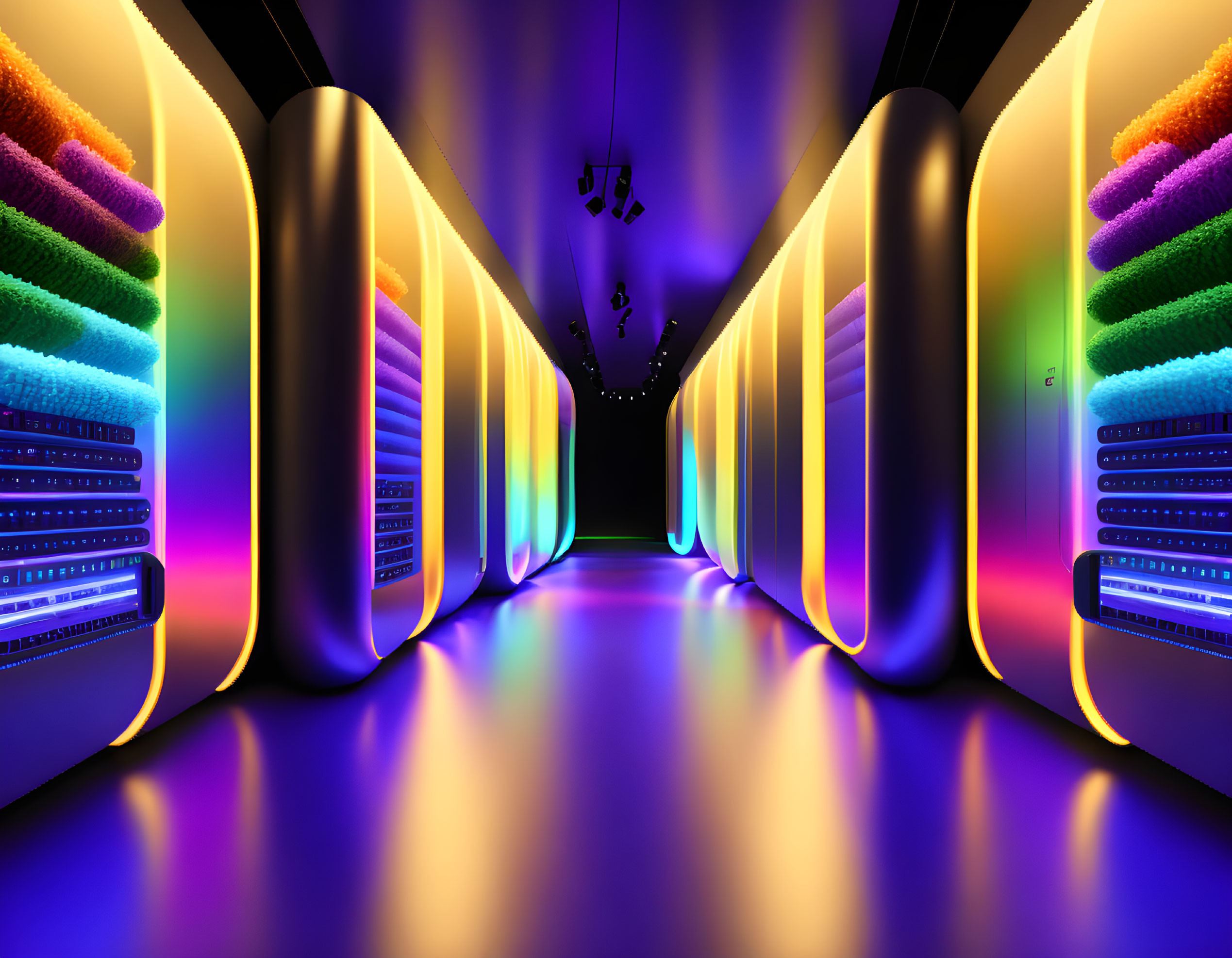 Neon-lit server room with reflective floor