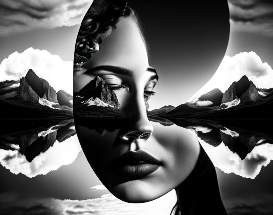 Monochromatic surrealist image: Woman's face intertwined with mountain landscape under crescent moon