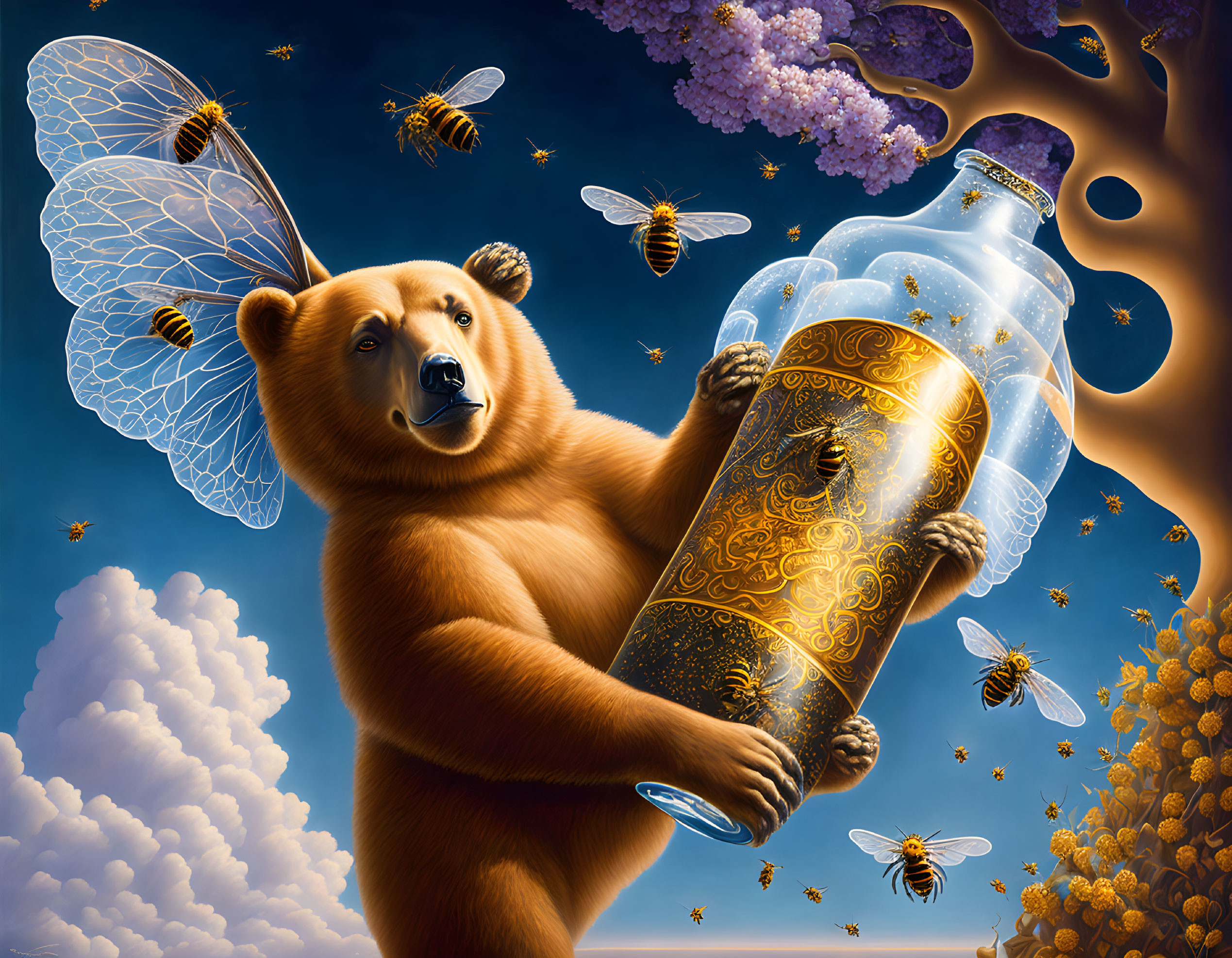 Bear with Butterfly Wings Holding Ornate Bottle Surrounded by Bees in Sky