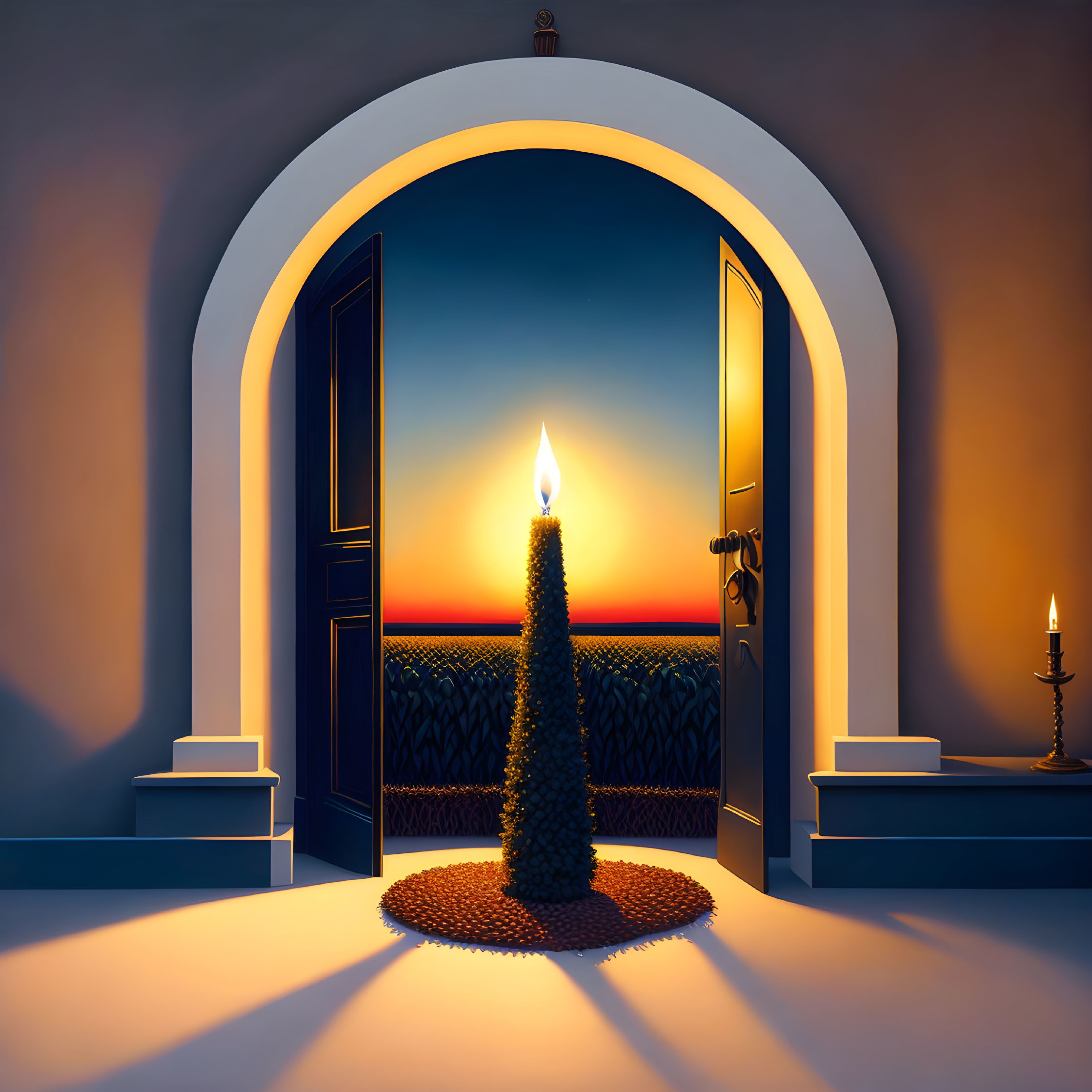 Ornate candle with tall flame in arched doorway at sunset