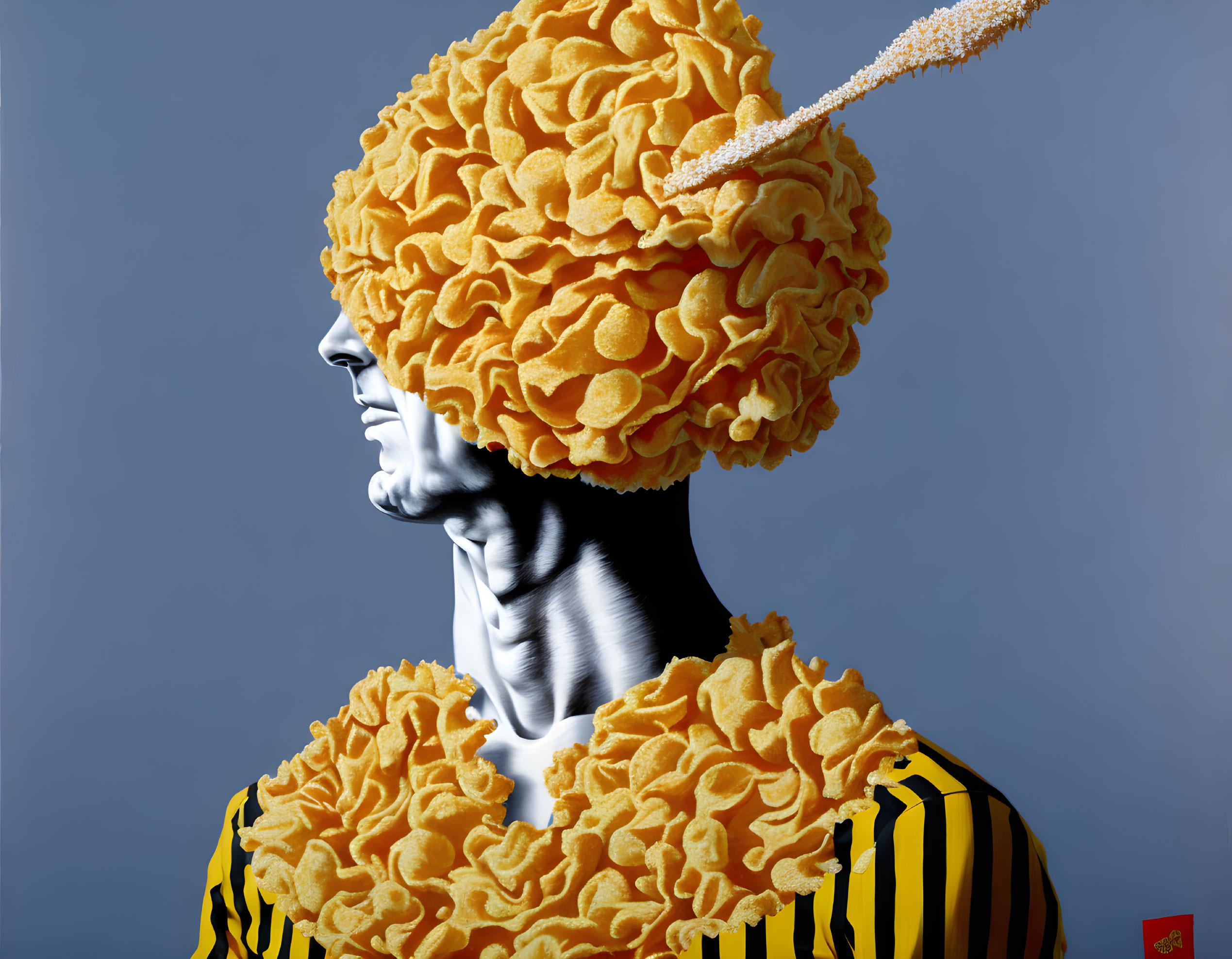 Elaborate orange brain coral pattern on person's head and upper body contrasted with yellow and black