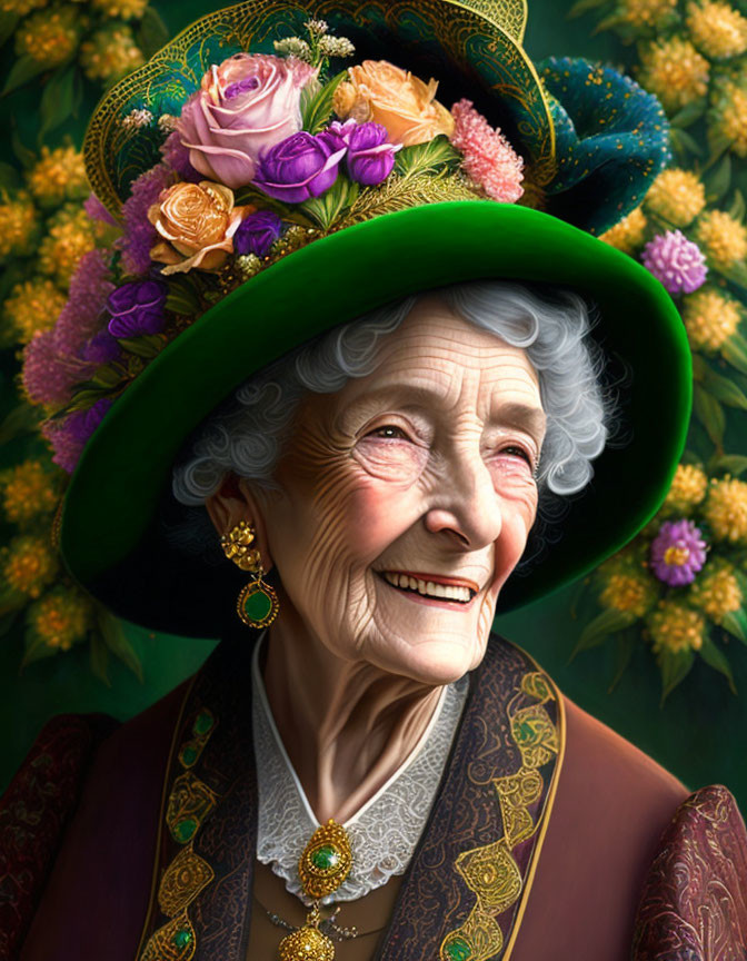 Elderly woman in green floral hat and vintage dress with floral background