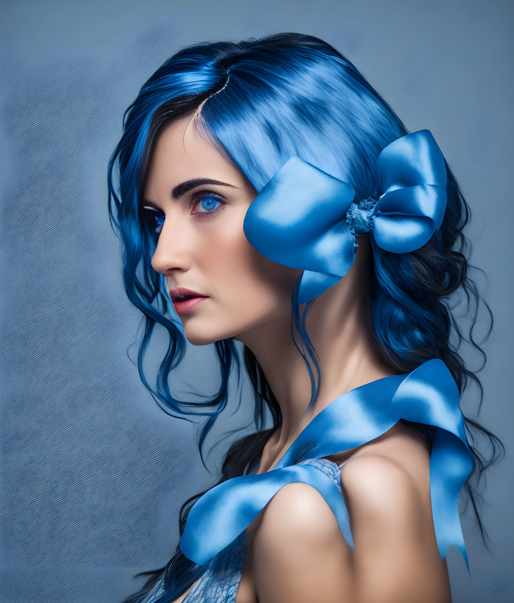 Vibrant blue-haired woman with matching ribbon, intense blue eyes, soft makeup, and silver attire