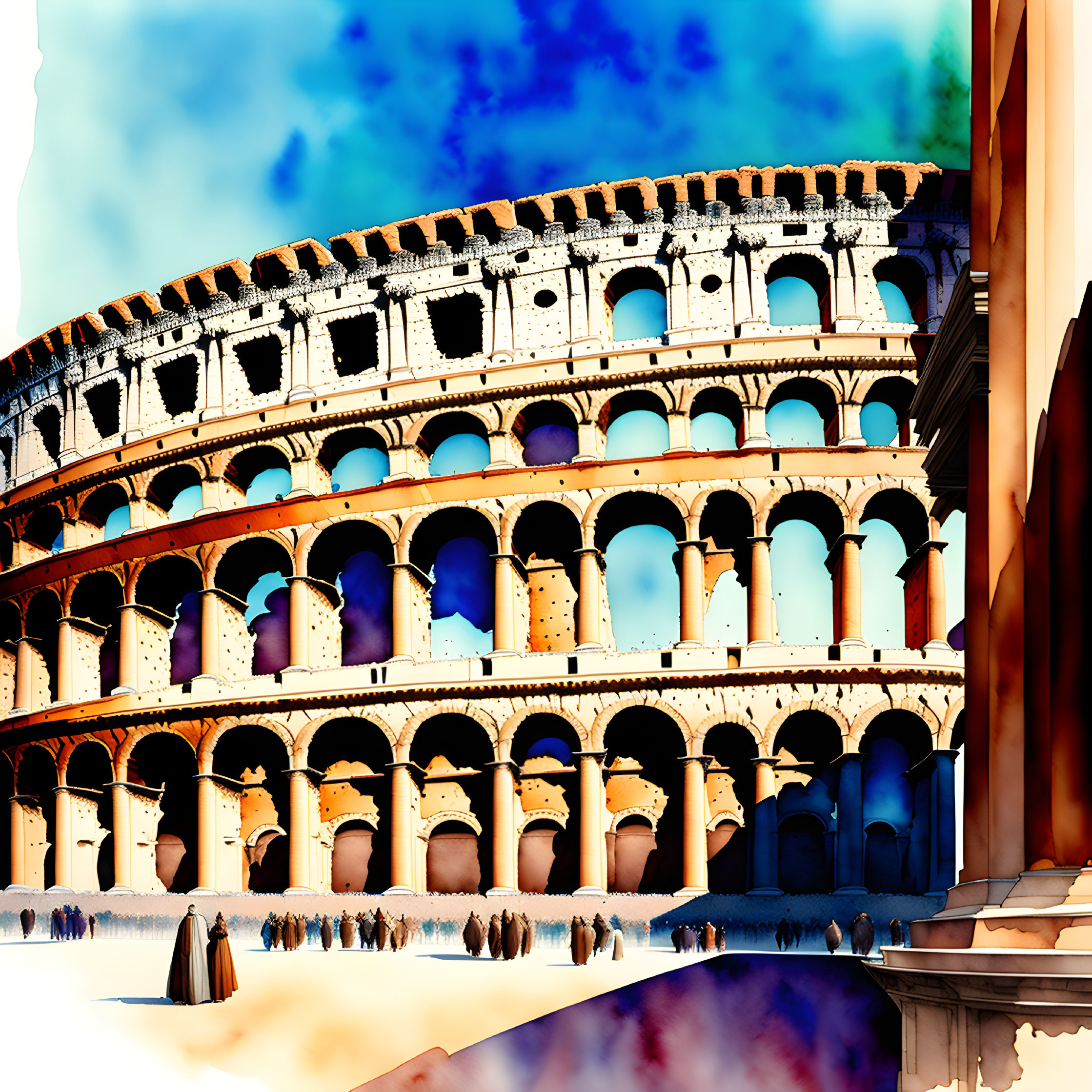 Colorful Abstract Colosseum Scene with Crowd Figures