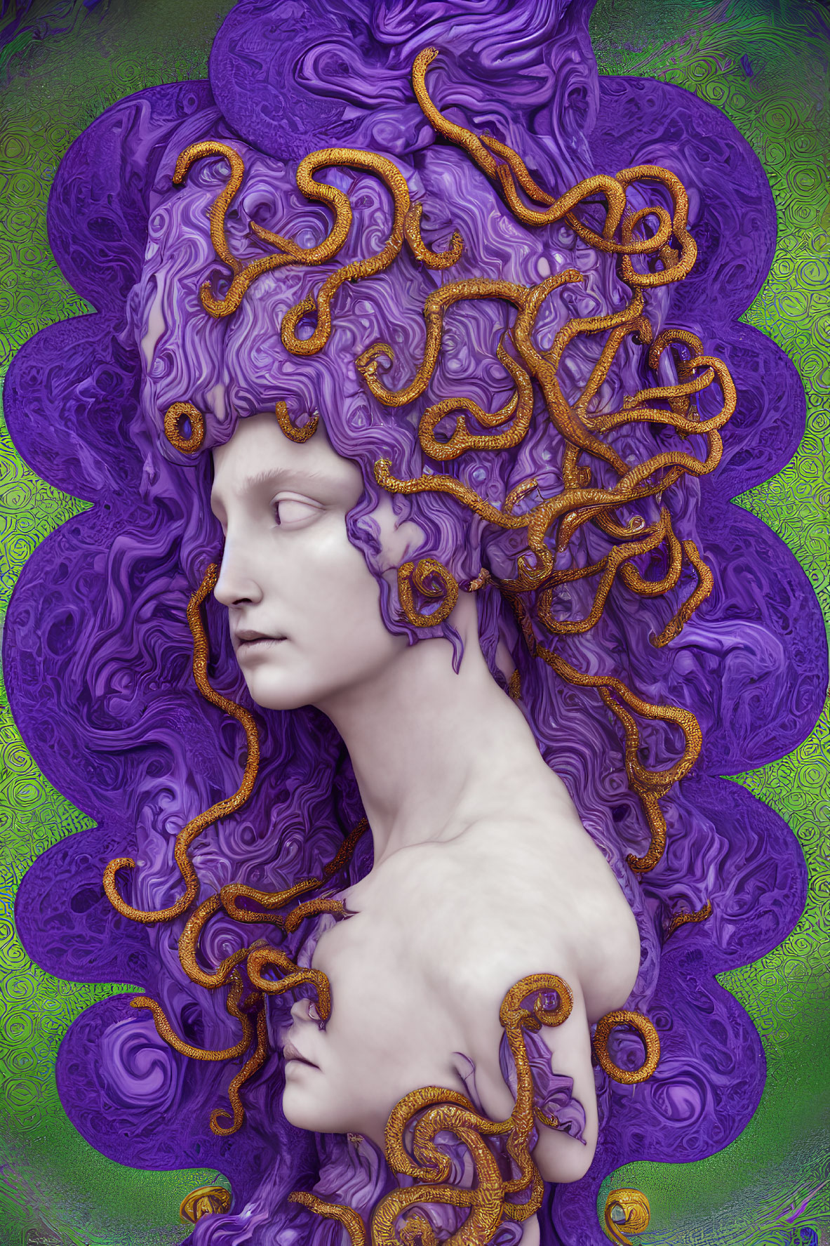 Surreal artwork of person with purple hair and golden serpents on green backdrop